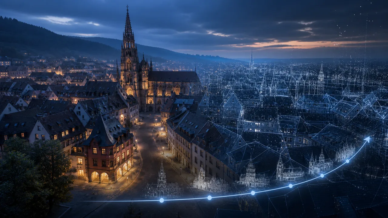 Digitale Rekonstruktion einer europäischen Stadt mit historischen Gebäuden, 3D-Drahtmodell und Zeitstrahl